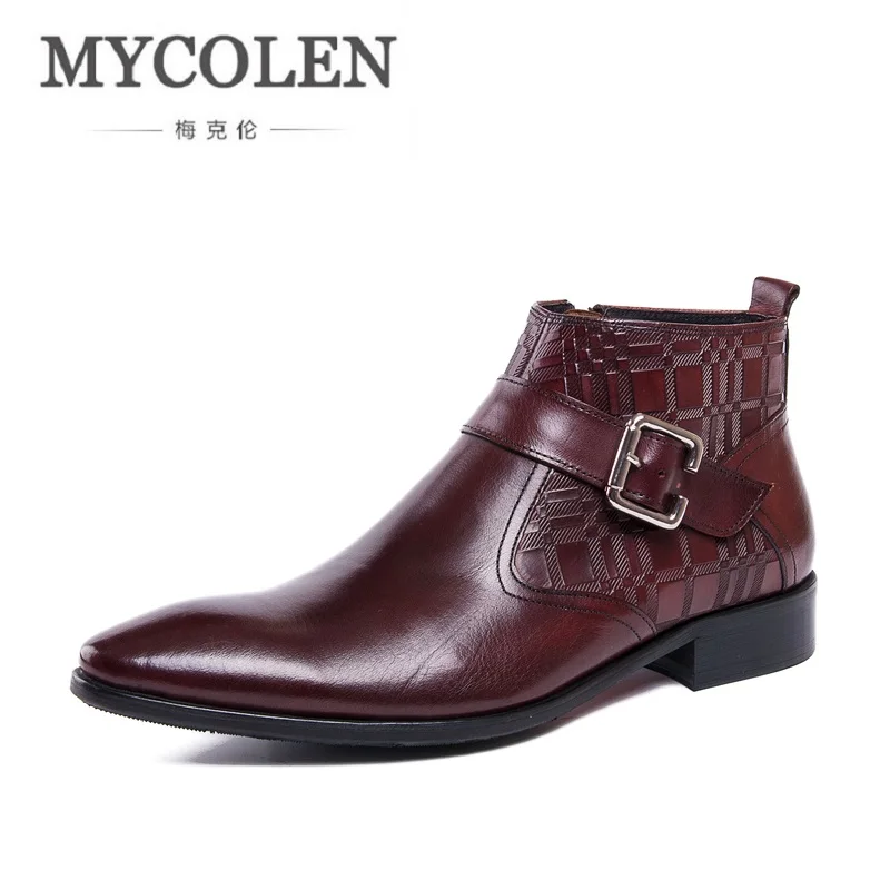 MYCOLEN/Новое поступление; классические ботильоны в винтажном стиле; черные кожаные мотоциклетные ботинки на молнии сбоку; Мужская обувь; зимняя обувь - Цвет: Бордовый