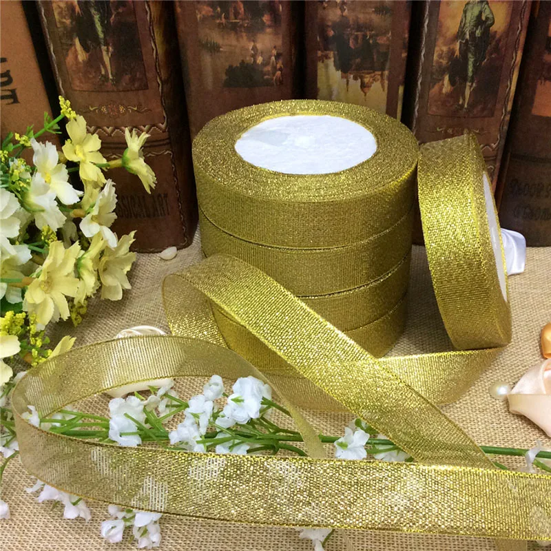 Gold/Silver Silk Organza Ribbon 25mm Glitter Embroidered Brocade Ribbons for Wedding Cake Gift Decoration Craft Supplies