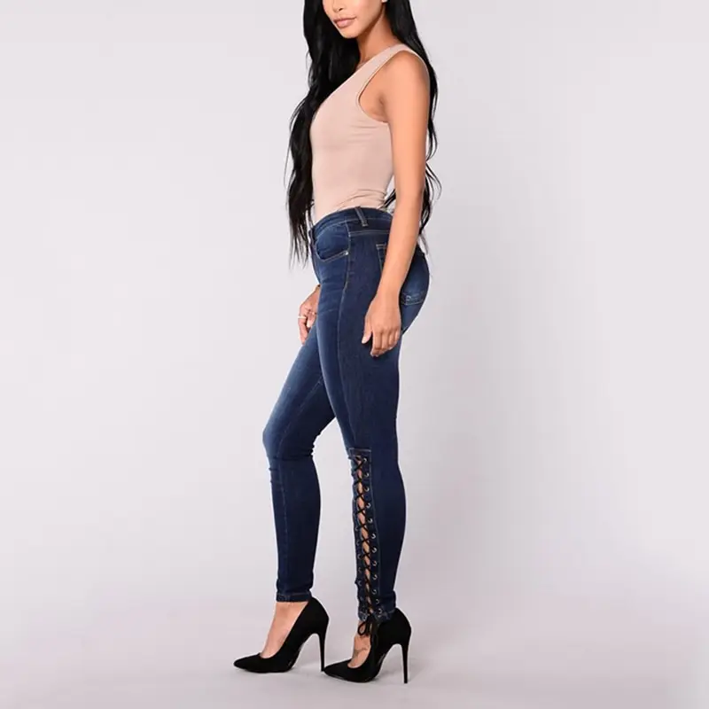 LITTHING Women Jeans Lace Up Hole Tight Ripped Autumn Womens Fashion Hollow Out Cross Strap Bandage Pencil Pants Sexy 2018 Jeans