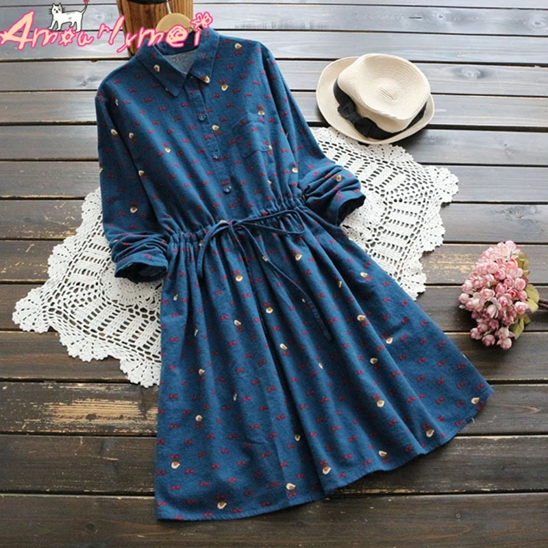 

2019 Spring Women Dress Loose Turn-down Collar Long Sleeve Cotton Casual Female Vestidos Mori Girl Vintage Print Cute Dress