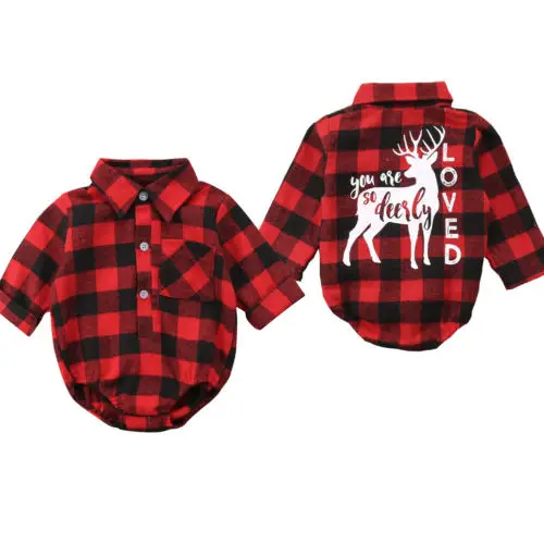

Xmas Infant Newborn Baby Girls Boys Christmas Long Sleeve Blouse Plaid Deer Romper Outfit Clothes