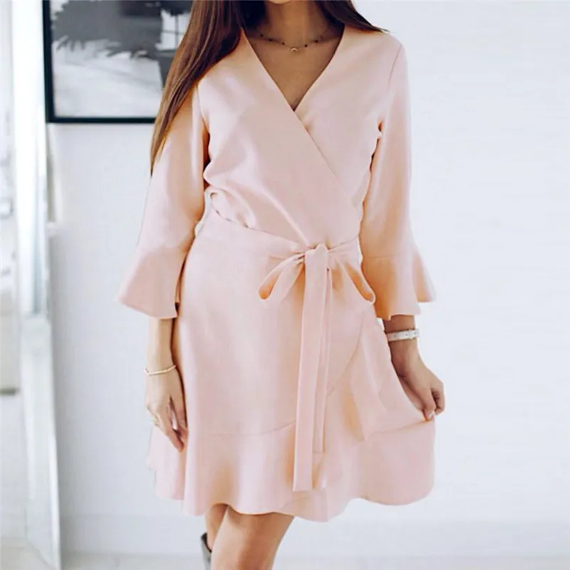 Fashion dress women Autumn Winter 2018 Ladies elegant Long Slevel V Neck Lace Up Mini Dress Party Boho Dress vestido O04#N (9)