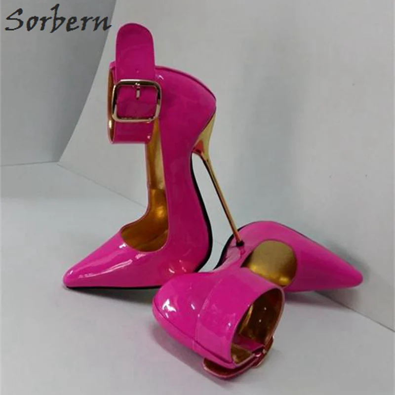 Sorbern/персиковые блестящие женские туфли-лодочки; широкий ремешок на щиколотке; острый носок 12 см; 14 см; стилеты на высоком металлическом каблуке; женская обувь на каблуке; Размер 10 - Цвет: Роза