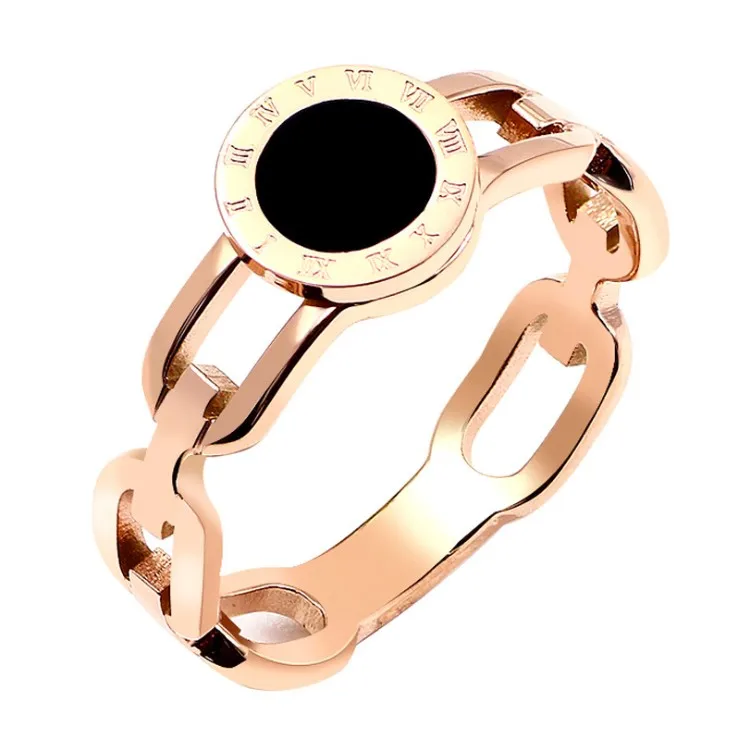 

New Fashion Jewelry Crystal from Bulgaria versatile titanium steel rose gold Roman numerals black disc women ring