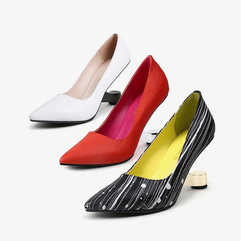 Женская обувь на высоком каблуке со стальными вырезами; обувь из натуральной кожи на необычном каблуке; женские туфли-лодочки с острым носком; цвет черный, красный; HL142 muyisxi