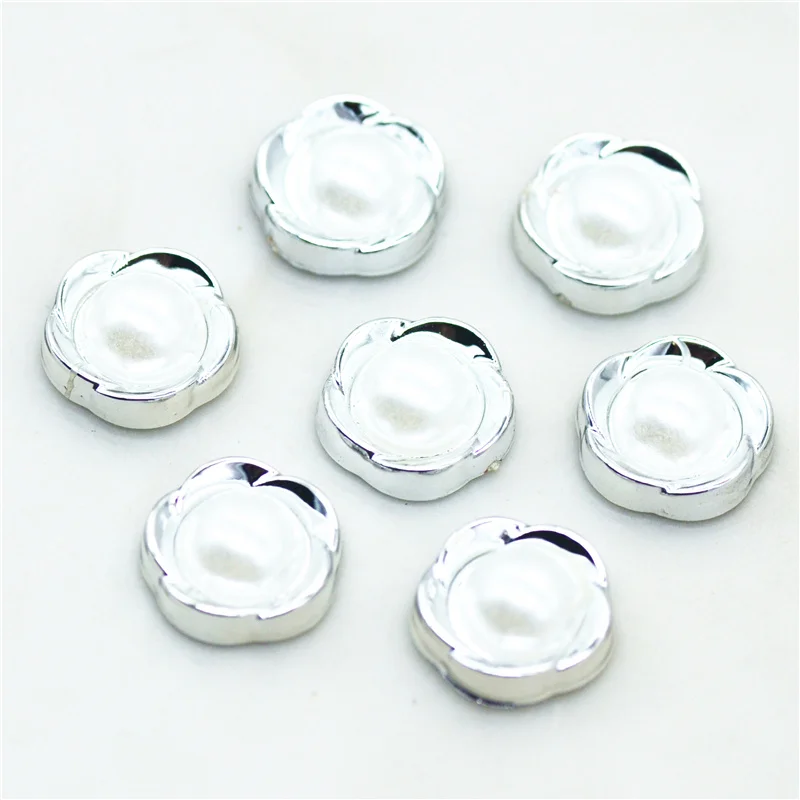 

50PCS Silver Color Plastic Pearl Flatback Garment Buttons|Decoration Buttons|Paste On Flower Buttons
