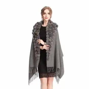 ZY87001-1 Classic Womens Woolen Shawls with Rabbit Fur pompoms Tassels Decoration Fashion Lady Solid Wool Poncho Outwear Stoles