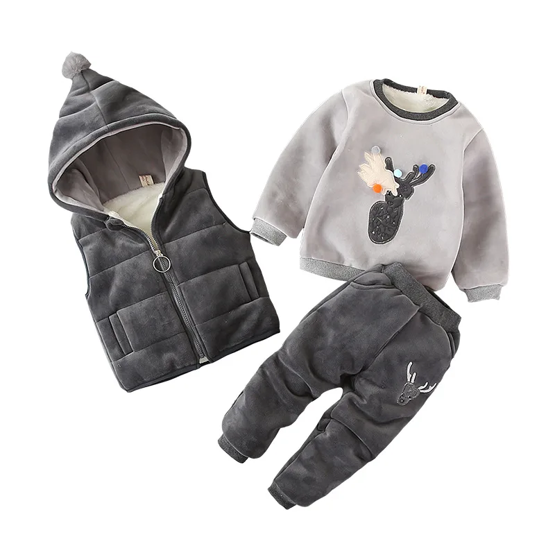 Sets Kids Clothes Winter Baby for Boys Girls Clothing Warm Thicken Cartoon Cotton Sweatshirt + hooded Vest +Pants 3pcs | Детская одежда