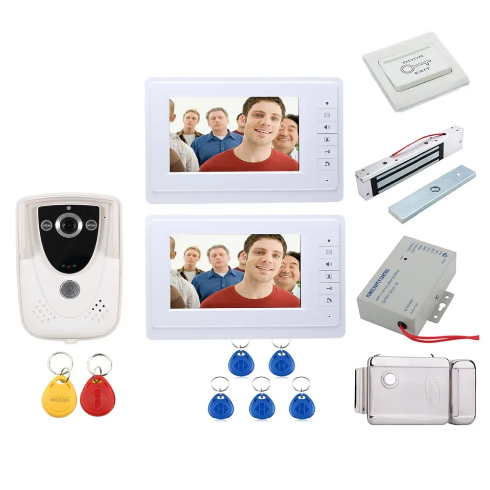 

Home Wired Touch Key 7" Video Door Phone Intercom System 1 RFID Keypad Code Number Doorbell Camera 2 Monitor With Electric lock