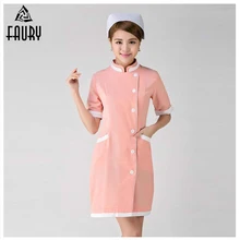 Женский стоячий воротник с коротким рукавом униформа медсестры больница доктор длинное пальто рабочая одежда салон красоты медицинские комбинезоны Розовая Одежда