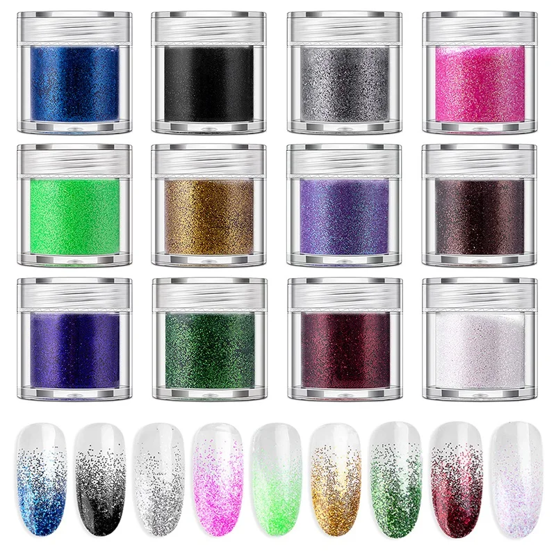 

12 Colors Shiny 3D Nail Art Glitter Powder Thin Sequins White Black Gold Dust Nail Tips Pigment Manicure Decoration Accessories