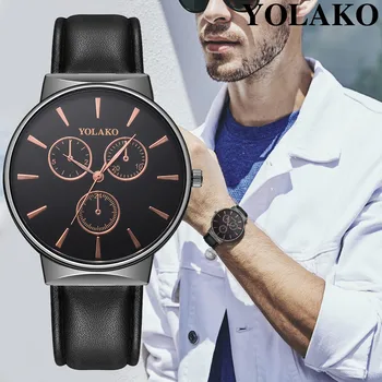 

YOLAKO Fashion Brand Mens Watch Casual Quartz Stainless Steel Leather Band Newv Strap Clock Analog Wrist Watches reloj hombre