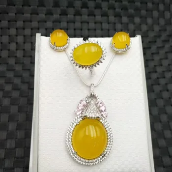 

Natural ice-colored chalcedony necklace set 925 silver inlaid natural chalcedony pendant jade ring chalcedony three-piece set