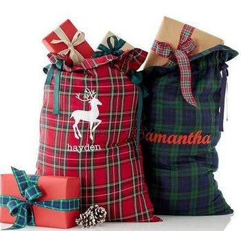 

10pcs/lot Christmas gift bags 2017 new soft polyester plaid santa sack high quality drawstring bag Christmas santa bags