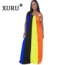 XURU New Loose Contrast Sexy Dress Hot Summer Large Size Women's Dress Bohemian Sling Long Dress contrast mesh dress