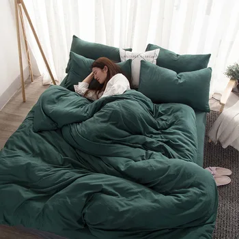

Nordic Simple Solid Color Bedding Sets 3/4pcs Green Pink Washed Cotton Polyester Soft Duvet Cover Bed Linen Sheet Pillowcases