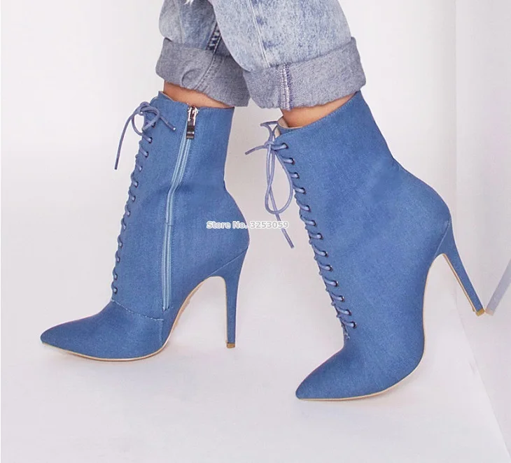 

ALMUDENA Women Concise Blue Denim Ankle Boots Pointed Toe Stiletto Heels Dress Shoes Lace-up Jeans Gladiator Booties Dropship