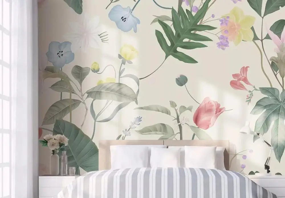 

Custom Nordic hand painted watercolor plants flowers mosaic bedroom wall