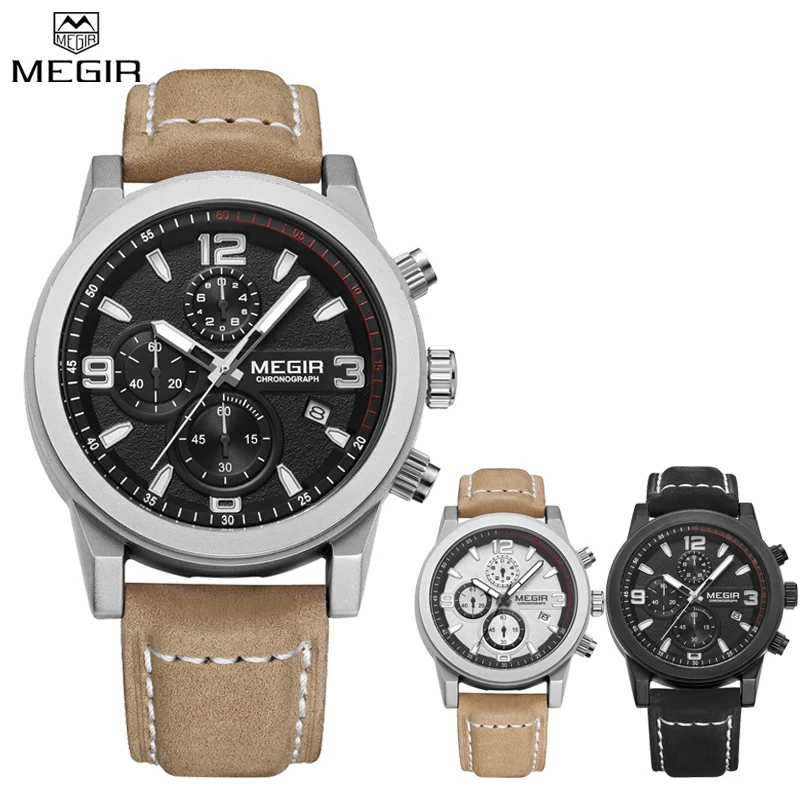 Лидирующий бренд Megir, роскошные спортивные мужские часы с кожаным ремешком для бега, повседневные часы Aramy Military Chronograp, кварцевые наручные часы, мужские часы