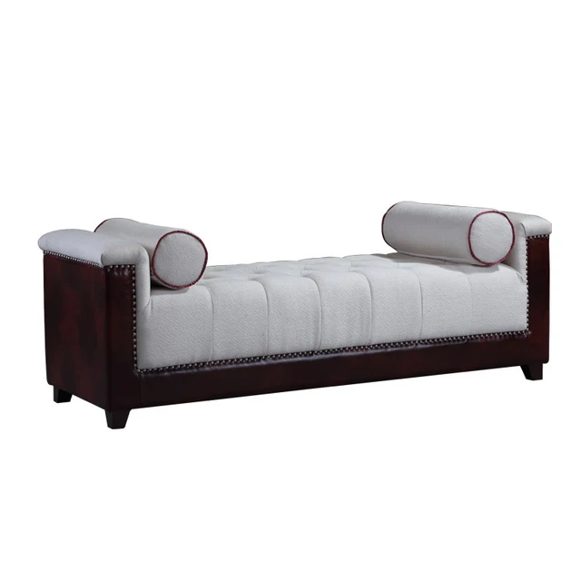 French Wooden Fabric Upholstered Bed End Stools On Tufted Beige French Wooden Fabric Upholstered Bed End Stools On Tufted Beige Linen