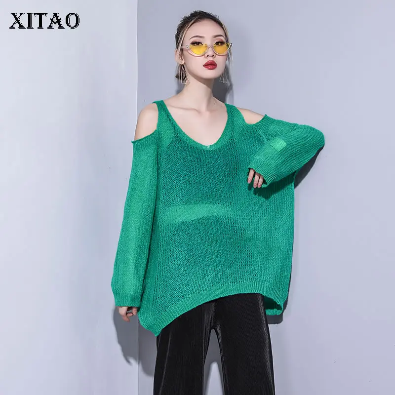 [XITAO] Women 2019 Spring Fashion V-neck Full Sleeve Loose Top Female Solid Color Hollow Out Pullover Knitted Sweater DLL3395 | Женская