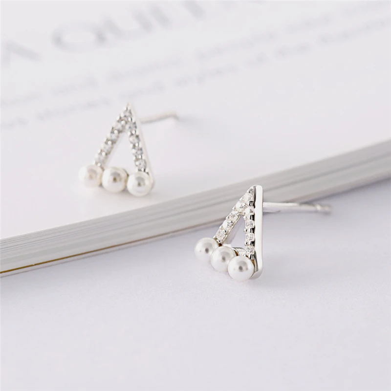 925 Sterling Silver Triangle Stud Earrings for Women Three Pearl Earring Female Zircon Ear Studs Fashion Jewelry C40