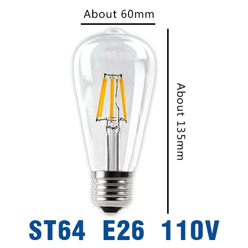 Светодиодный ламп накаливания E27 E14 Винтаж Эдисон лампы с регулируемой яркостью COB 220V Ретро Свеча светильник земной шар люстра светильник ing домашний декор - Испускаемый цвет: ST64 Bulb E26 110V