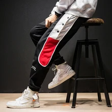 Loldeal Autumn Chinese style loose hip hop skateboarding tide men's casual pants contrast color stitching Harlan nine pants