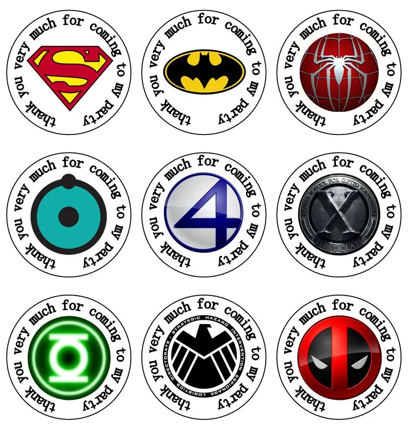 35 round superhero logo spiderman superman batman hulkk avenger 35 mm party stickers thank you
