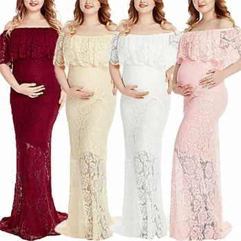 

Summer Pregnant Lace Dress Women Front Long Maxi Maternity Pure Color Off-shoulder Lace Dress Photography Prop Maternity Dresses