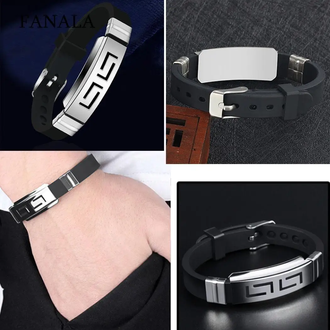 Punk Men Adjustable Silicone Greek Key Wristband Cuff Bracelets Jewelry