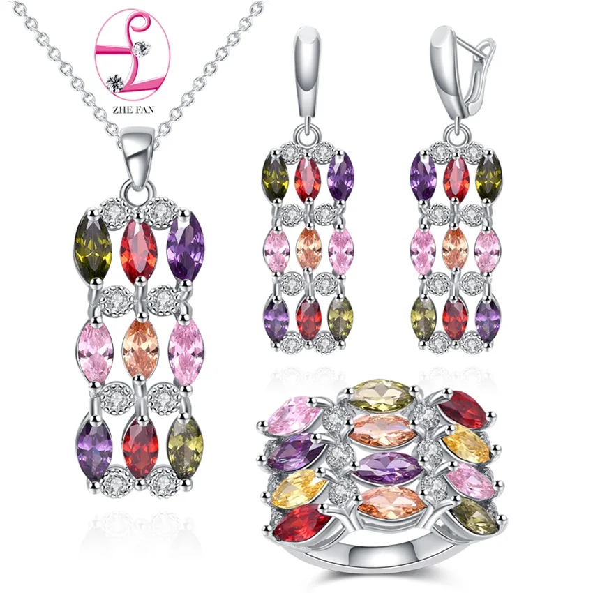 

ZHE FAN AAA Cubic Zirconia Earrings Pendant Necklace Ring Fashion Jewelry Sets For Women Engagement Party Purple Green Blue