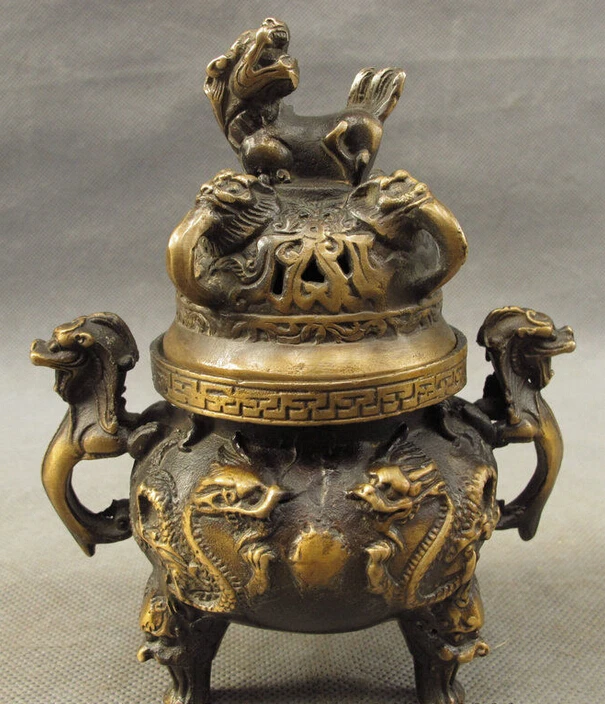 

Chinese Bronze Fly Dragon Unicorn Beast Statue Lion Head Incense Burner Censer