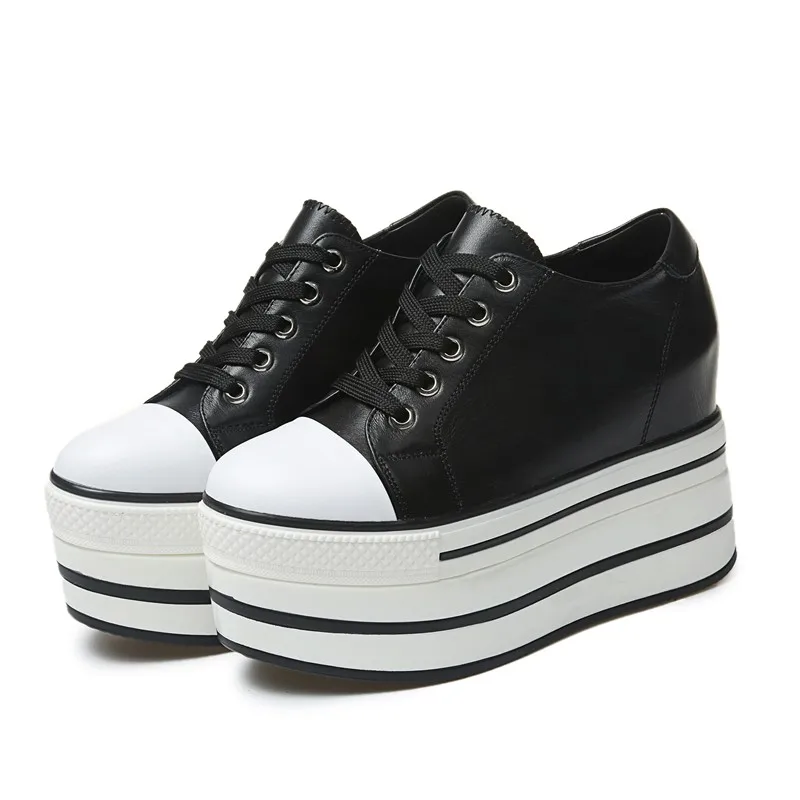 Mädchen High Sneaker Casual Heels Mode Echtem Leder Marke Keile Frauen black Dicken Creeper Schuhe White Lace Aus Pumps Plattform Up Super PCfwpq