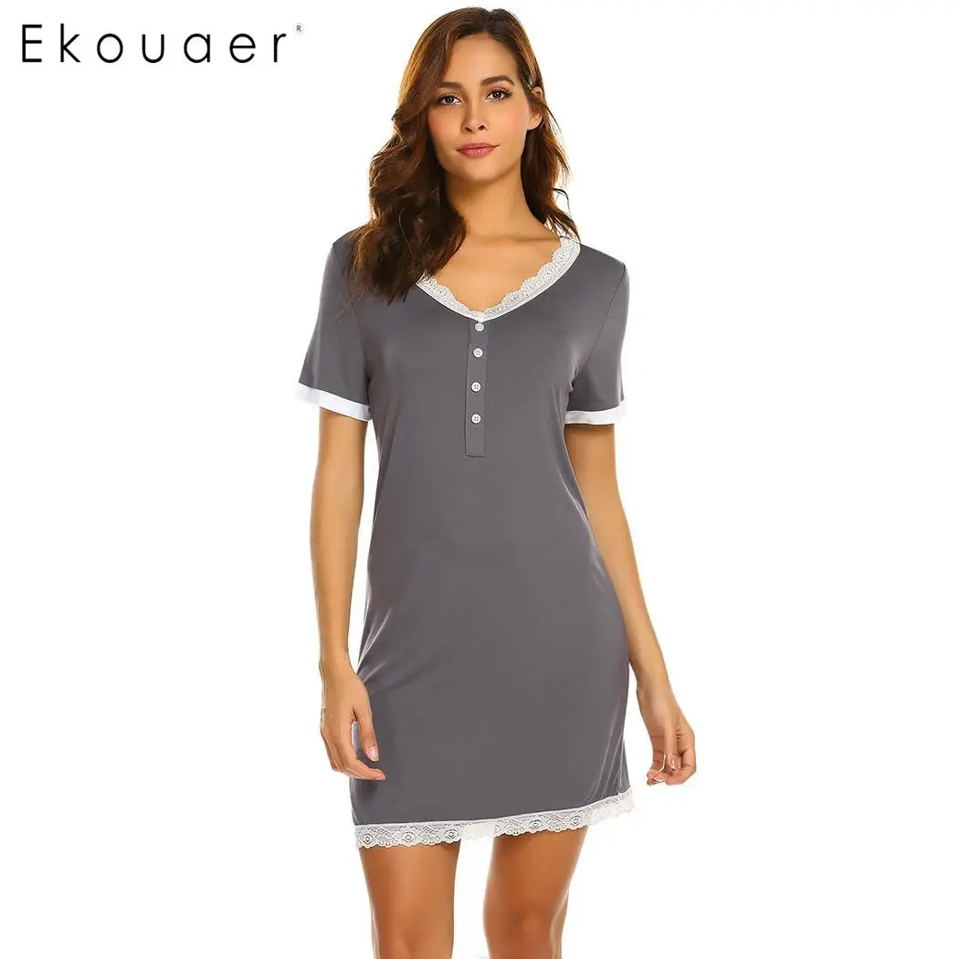 

Ekouaer Women Casual Sleep Dress Nightgown Lace Patchwork Button Short Sleeve Nightdress Female Chemise Nightshirts Homewear