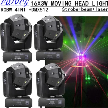 

4PCS/ 16X3W moving head light rgbw 4in1 strobe light + laser light + beam light 3in1 effect professional dj equipment