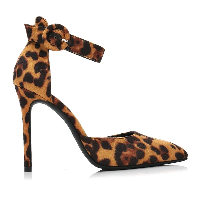 

Newest Leopard Printed High Heels 2018 Sexy Pointed Toe Ankle Strap Pumps for Woman Cutouts Thin Heels Party Shoes