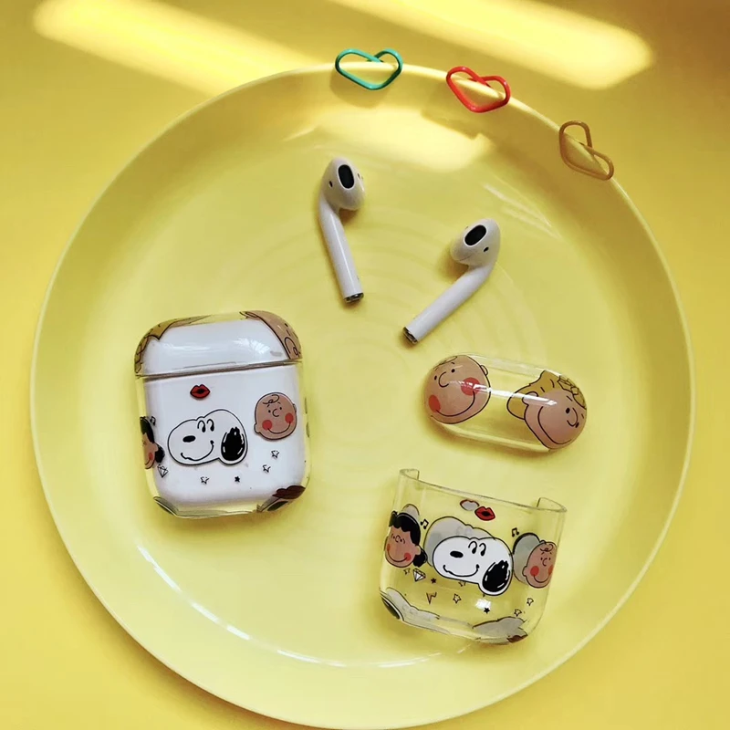 

Cartoon Charlie Brown Peanuts Dog Bluetooth Wireless Earphone transparent hard Case For Apple AirPods Headset Box Cute Cover bag