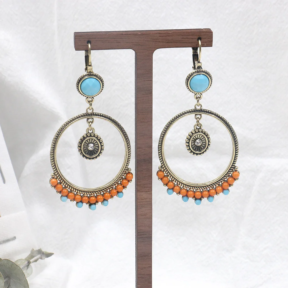 

Vintage Ethnic Round Beads Hanging Drop Earrings Boho Geometric Circular Sun Alloy Pendant Earring for Women Jewelry Accessories