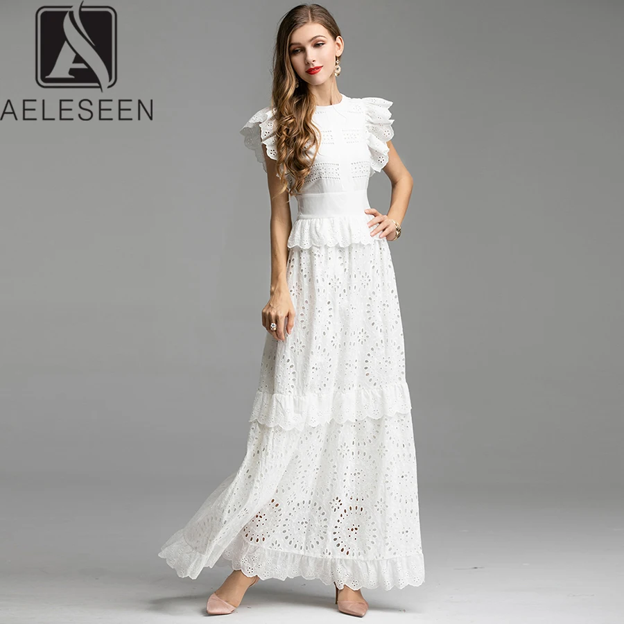 Женское длинное платье AELESEEN Белое Облегающее Платье с длинным рукавом и вышивкой