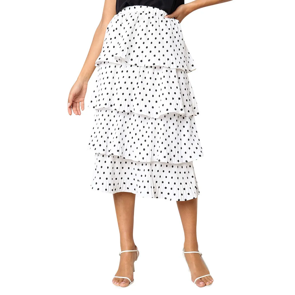 

Skirt Ladies Chiffon Boho Polka Dot Elastic Waist Cupcake Skirt High Waist Party Elegant Summer Long Skirt #D1