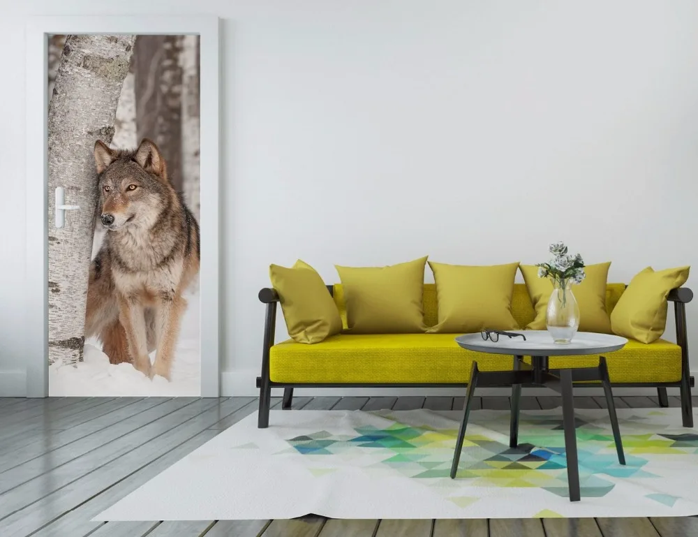 door-stickers-living-room-themes-virtual-category-grey-wolf-canis-lupus-stands-next-to-birch-tree