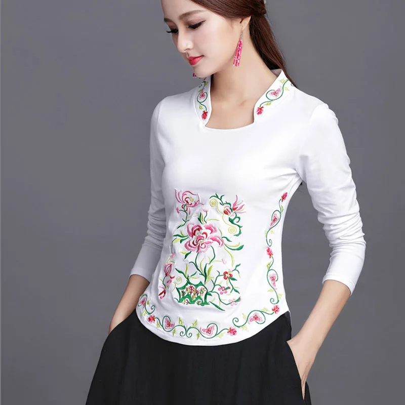 white long sleeve Женский пуловер в китайском стиле, весна-осень, вышитая Футболка с длинным рукавом, женская летняя хлопковая футболка размера плюс - Цвет: white long sleeve