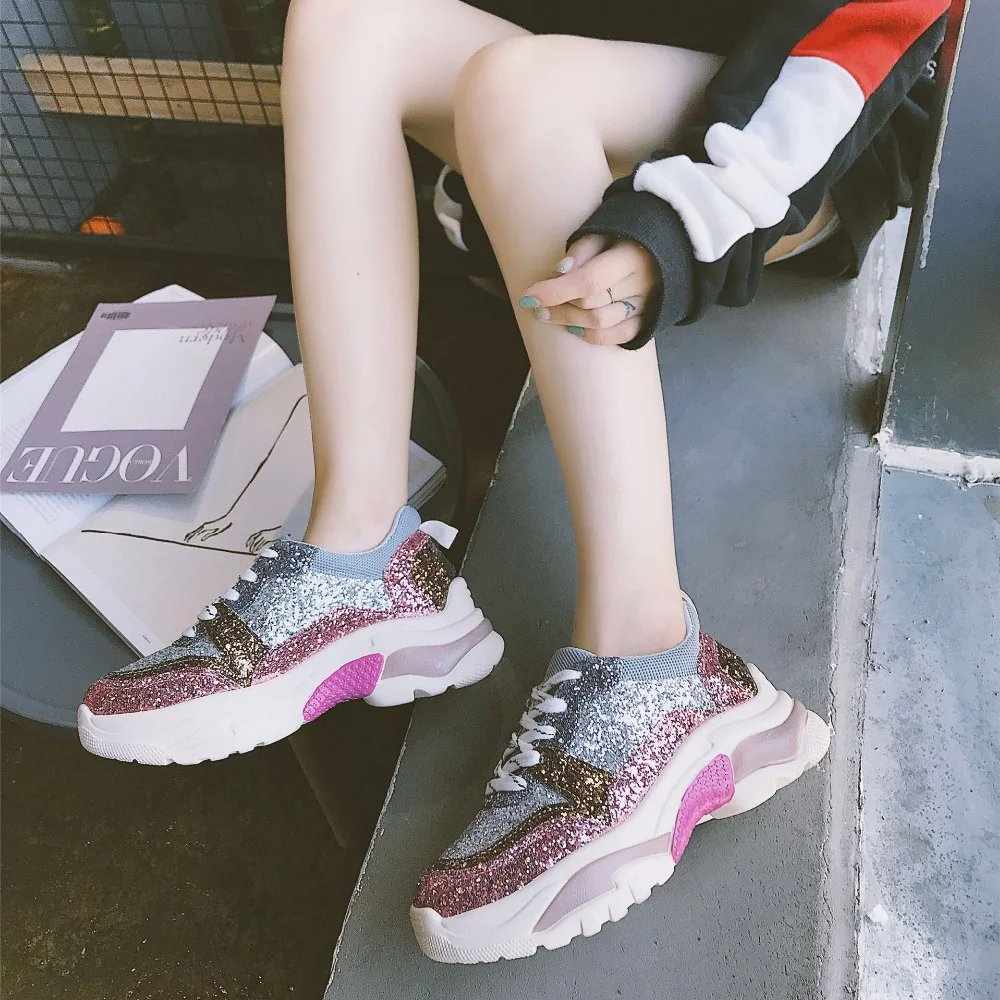

AGUTZM Women Glitter Platform Sneakers 2018 Fashion Women's Chunky Shoes Woman Triple Sole Metallic Sequins Bling Footwear