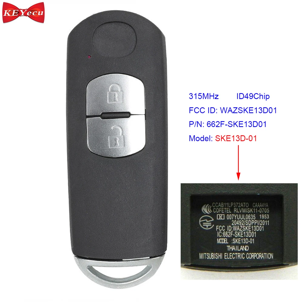 

KEYECU for Mazda 3 CX-3 CX-5 CX-9 2016 2017 2018 Remote Car Key Fob 2 Button 315MHz ID49 FCC ID WAZSKE13D01