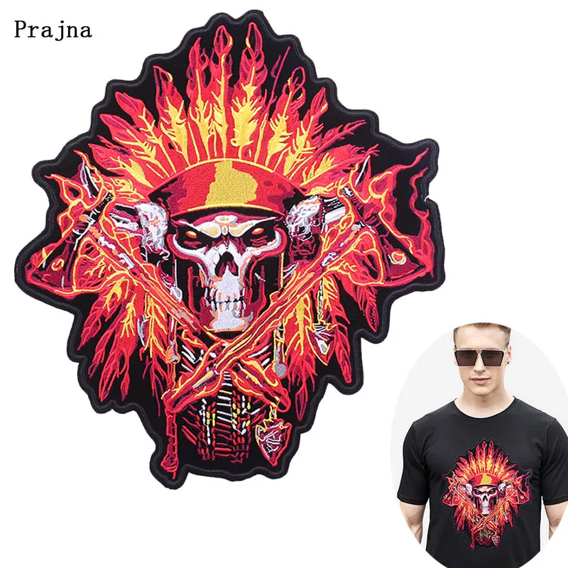 

Prajna DIY Fire Skull Patch Large Back Embroidered Patch for Clothing Hippie Sew-on Patches 3D Punk Rock Biker Applique Badges F