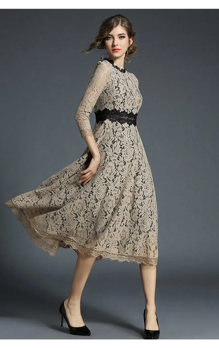 Ryseleco Hot Office Lady Solid Round Neck Fashion Hollow Out Empire Women Work Casual Mid-Calf Dress Patches Floral Lace Vestido
