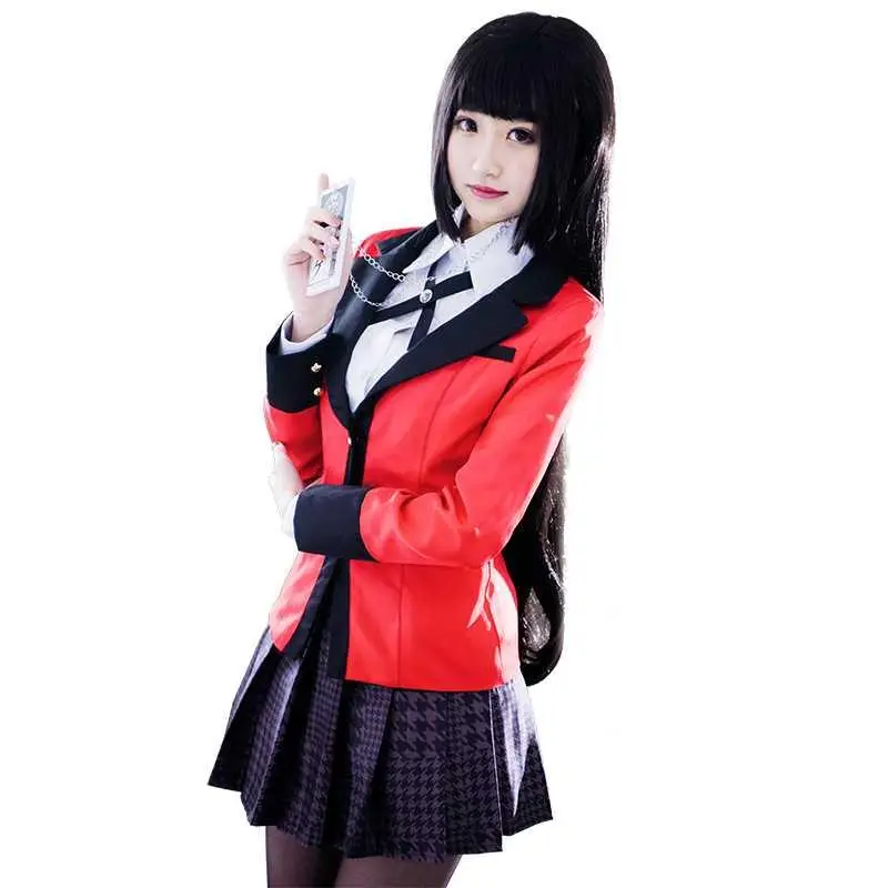 Популярные крутые костюмы для косплея, аниме Kakegurui Yumeko Jabami, японская школьная форма для девочек, полный комплект, куртка+ рубашка+ юбка+ чулки+ галстук