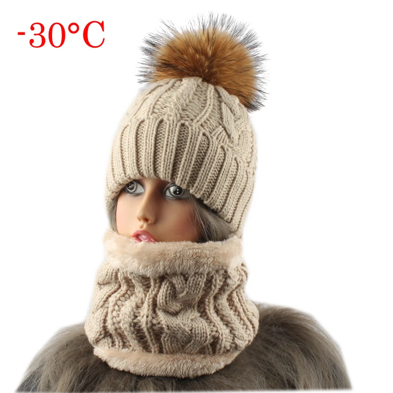 

2019 Womens Hats With Scarf Warm Fleece Inside Beanie Girls Winter Cap For Women Real Mink Fur Pompom Hat Female Knitted Caps