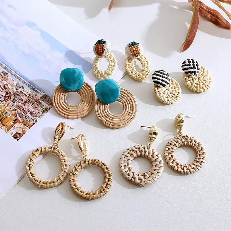 

Women Retro Multiple Handmade Wooden Straw Weave Rattan Vine Braid Drop Earrings New Fashion Geometric Long Earrings
